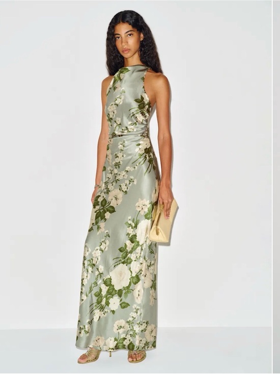 Reformation Dresses & Skirts - Reformation Anaiis Silk Dress Floral Halter Maxi Dress in Sage Green/Tarragon